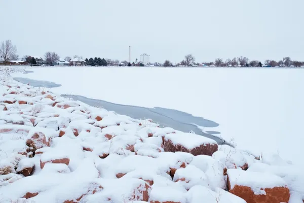 Windsor, Colorado skyline viewed from Lake Windsor in winter